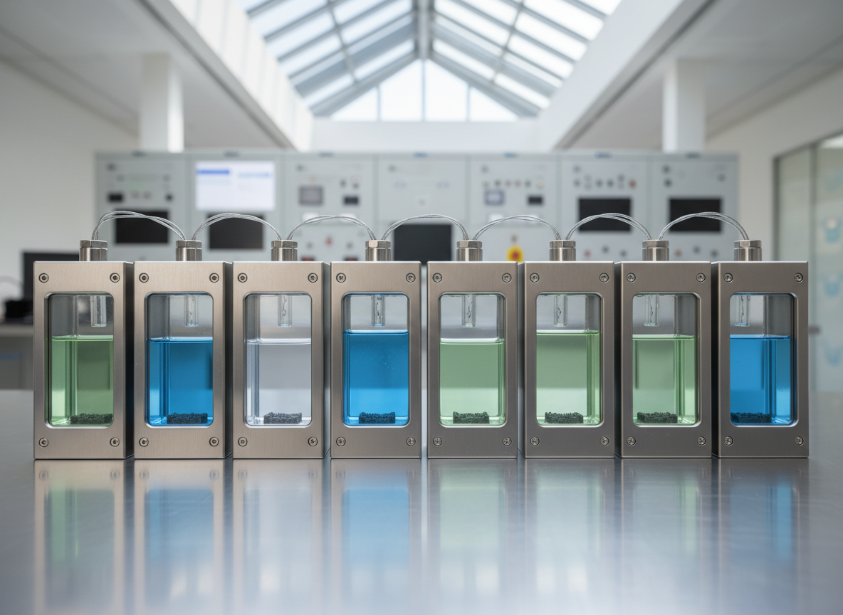 A row of meticulously organized, gleaming stainless steel electrochemical cells, each with precisely machined surfaces and clear glass compartments partially filled with translucent blue and green solutions. The cells stand on a spotless, brushed aluminum laboratory bench. In the background, out-of-focus control panels emit a soft, neutral glow. Diffused daylight from a large overhead skylight bathes the scene, creating balanced highlights on the smooth metal and glass, and casting clean, gentle shadows. The mood is focused and professional, exuding a sense of advanced technology and innovation. Captured from a straight-on, eye-level perspective with sharp focus throughout, the composition is structured and symmetrical, highlighting engineering precision. The overall style is photographic realism with clean lines and a minimalist, corporate aesthetic. Perfect for illustrating the technological foundation of an electrochemical recycling blog.